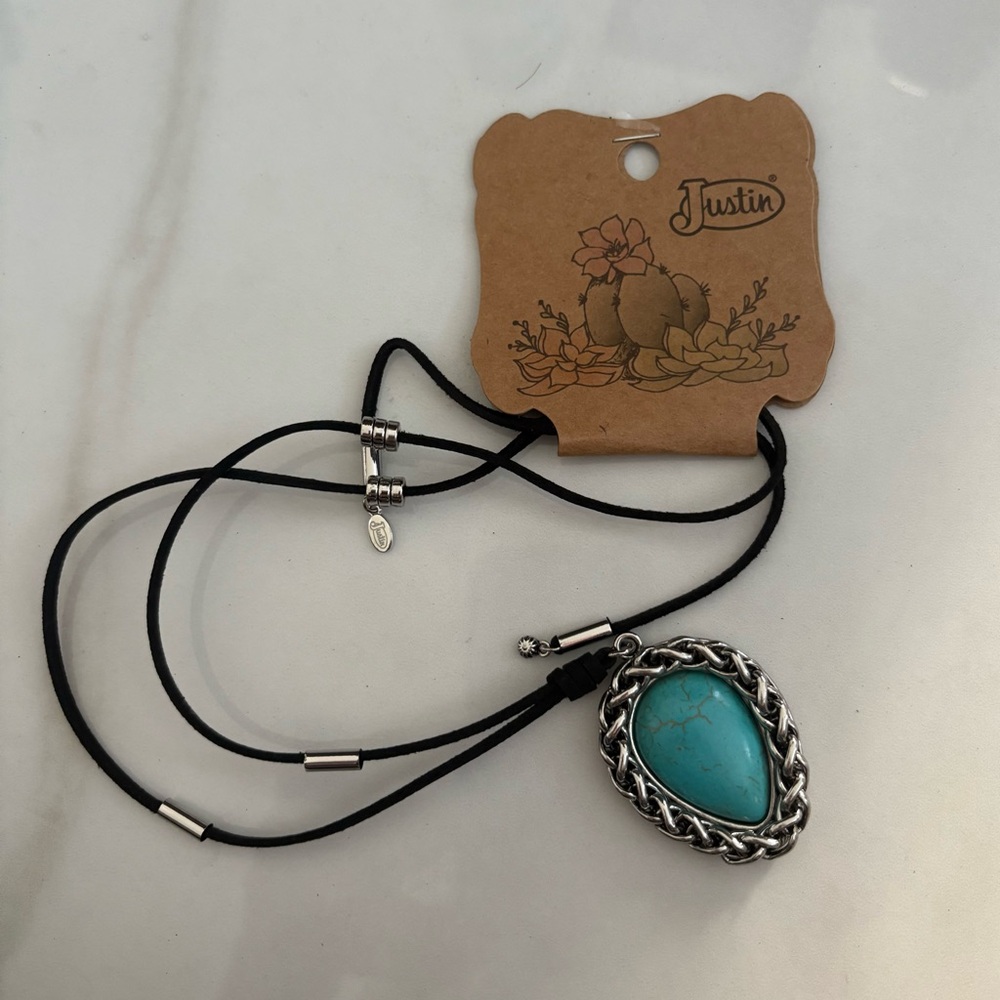 Justin Boots Black Cord Necklace with Turquoise and Silver Pendant